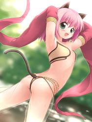 Rule 34 | 1girl, :d, animal ears, armpits, arms up, bikini, blush, cat ears, cat tail, detached sleeves, emurin, green eyes, gypsy (ragnarok online), highres, open mouth, pink hair, ragnarok online, see-through, sleeves past wrists, smile, solo, strapless, strapless bikini, tail, wet