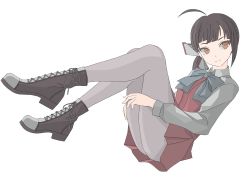 Rule 34 | 1girl, absurdres, ahoge, asymmetrical bangs, black hair, boots, bow, bowtie, cross-laced footwear, dress, fujinami (kancolle), grey pantyhose, hair ribbon, highres, kantai collection, lace-up boots, long hair, looking to the side, pantyhose, ribbon, school uniform, shirt, side ponytail, simple background, sleeveless, sleeveless dress, solo, tbf (torigoya), white background, white ribbon, white shirt