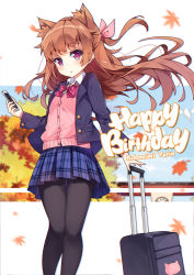 Rule 34 | 1girl, animal ears, animal print, black pantyhose, blazer, blue skirt, blush, bow, brown hair, cardigan, cat ears, cat print, cellphone, dango remi, floating hair, hair bow, happy birthday, highres, holding, holding phone, jacket, leaf, legs together, long hair, looking at viewer, luggage, maple leaf, one side up, open clothes, open jacket, original, pantyhose, parted lips, phone, pink bow, pleated skirt, rolling suitcase, school uniform, sidelocks, skirt, smartphone, solo, standing, suitcase, thighs, tsurime