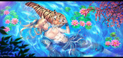Rule 34 | 1boy, abs, animal, animal ears, anklet, bandaged fingers, bandages, barefoot, blonde hair, blue choker, blue eyes, blue ribbon, choker, commentary, day, english commentary, floating, flower, green eyes, hair ribbon, highres, jewelry, letterboxed, lily pad, long hair, lotus, male focus, muscular, muscular male, one eye closed, original, partially submerged, pectorals, petals, petting, ponytail, ribbon, rope belt, smile, ten-chan (eternal s), tiger, tiger ears, water