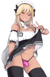 Rule 34 | 1boy, absurdres, ae (aeiu4114), bare shoulders, black bow, black thighhighs, blonde hair, bow, bulge, clothes lift, commentary request, cowboy shot, crossdressing, dark-skinned male, dark skin, detached collar, dress, dress lift, flashing, grey eyes, grin, gyaruo, hair bow, highres, lifting own clothes, long hair, looking at viewer, maid, maid headdress, male focus, male maid, navel, off-shoulder dress, off shoulder, original, panties, pink panties, scrunchie, simple background, smile, solo, thighhighs, thong, trap, underwear, v, white background, white scrunchie, wrist scrunchie