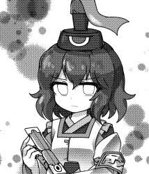 Rule 34 | 1other, androgynous, closed mouth, commentary, detached sleeves, english commentary, eye of senri, greyscale, hat, japanese clothes, kariginu, kimono, len&#039;en, long sleeves, looking at viewer, monochrome, ofuda, ofuda on clothes, other focus, screentones, senri tsurubami, serious, short hair, solo, tate eboshi, upper body, v-shaped eyebrows, websci 3357