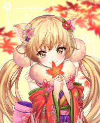 Rule 34 | 1girl, animal ears, blonde hair, blurry, blush, bow, brown eyes, catbell, closed mouth, depth of field, detached sleeves, flower, fur collar, hair bow, hair flower, hair ornament, hands up, head tilt, highres, holding, holding leaf, japanese clothes, kimono, leaf, long hair, long sleeves, looking at viewer, maple leaf, obi, original, pink bow, print kimono, red flower, red kimono, sash, smile, solo, twintails, upper body, wide sleeves