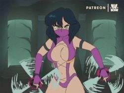 Rule 34 | 1980s (style), 1girl, animated, animated gif, armlet, black hair, bluethebone, bouncing breasts, breasts, breasts apart, center opening, cleavage, commentary, dual wielding, english text, eyelashes, fangs, fingerless gloves, flashing, gloves, half mask, holding, large breasts, leaning forward, leotard, lips, looking at viewer, mask, mileena (mortal kombat), monster girl, mortal kombat (series), mortal kombat 9, motion blur, mouth mask, navel, ninja mask, nipples, oldschool, purple gloves, purple leotard, retro artstyle, sai (weapon), sharp teeth, short hair, smile, solo, spinning, spinning weapon, stomach, teeth, tongue, tongue out, undressing, weapon, yellow eyes