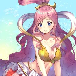 Rule 34 | 1girl, absurdres, bad id, bad pixiv id, bare shoulders, bikini, bikini top only, blue eyes, blush, breasts, cleavage, closed mouth, collarbone, dated, fish hair ornament, hair ornament, highres, ichiren namiro, large breasts, long hair, mermaid, monster girl, navel, one piece, pink hair, shirahoshi, signature, smile, solo, swimsuit, translation request, very long hair, wavy hair, yellow bikini