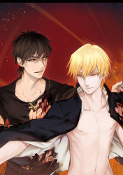 Rule 34 | 2boys, bad id, bad pixiv id, blonde hair, blood, blood on face, brown eyes, brown hair, coat, cross, cross necklace, fate/zero, fate (series), fire, gilgamesh (fate), jewelry, kotomine kirei, male focus, multiple boys, naked coat, necklace, red eyes, shirt, topless male, spoilers, t-shirt, torn clothes, torn shirt, yuuto (sky cloister)