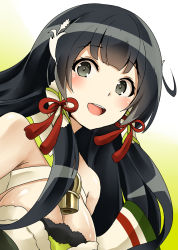 Rule 34 | 10s, 1girl, :d, bare shoulders, black hair, black ribbon, breasts, detached sleeves, dress, green dress, grey eyes, hair ribbon, hair tubes, highres, kamelie, kantai collection, large breasts, long hair, mizuho (kancolle), open mouth, ribbon, sidelocks, smile, solo, very long hair