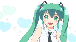 Rule 34 | 1girl, :d, anime coloring, green eyes, green hair, hair ornament, hatsune miku, highres, long hair, looking at viewer, matching hair/eyes, necktie, nicca (kid nicca), open mouth, smile, solo, twintails, vocaloid