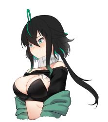 Rule 34 | 1girl, ahoge, artpatient, bare shoulders, black bra, black hair, black shirt, bra, breasts, cleavage, closed mouth, clothes lift, colored inner hair, covered erect nipples, cropped torso, detached collar, frown, green eyes, green jacket, high collar, highres, jacket, large breasts, lifted by self, long hair, long sleeves, low ponytail, multicolored hair, nijisanji, nijisanji kr, off-shoulder shirt, off shoulder, open clothes, open jacket, shin yuya, shirt, shirt lift, simple background, solo, stomach, strapless, strapless bra, streaked hair, underwear, virtual youtuber, white background