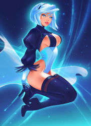 Rule 34 | 1girl, adapted costume, android, blue eyes, bob cut, boots, breasts, cleavage, eyelashes, full body, gloves, high heel boots, high heels, highleg, highleg leotard, juliet sleeves, leather, leather boots, legs together, leotard, lips, lipstick, long sleeves, looking at viewer, makeup, medium breasts, mole, mole under mouth, nier (series), nier:automata, no blindfold, nose, puffy sleeves, revealing clothes, short hair, sideboob, silver hair, narrow waist, solo, tatti art, thigh boots, thighhighs, vambraces, 2b (nier:automata)