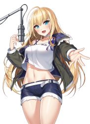 Rule 34 | 1girl, :d, ahoge, bare shoulders, belt, blonde hair, blue eyes, blue shorts, breasts, choker, collarbone, controlline3, counter:side, cowboy shot, crop top, crop top overhang, denim, denim shorts, green jacket, hand up, highres, jacket, long hair, long sleeves, looking at viewer, medium breasts, microphone, midriff, navel, off shoulder, open clothes, open jacket, open mouth, outstretched arm, shirt, short shorts, shorts, simple background, smile, solo, standing, stomach, thighs, virtual youtuber, white background, white choker, white shirt