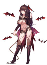 Rule 34 | 1girl, absurdres, bad id, bad pixiv id, bat (animal), black footwear, boots, breasts, brown eyes, brown hair, cleavage, full body, hand up, head wings, highres, knee boots, navel, original, revealing clothes, rinmmo, thighs, tongue, tongue out, torn clothes, torn legwear, underboob, whip, wings