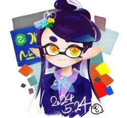 Rule 34 | 1girl, black hair, blue suit, bow-shaped hair, callie (splatoon), closed mouth, commentary request, dated, eyelashes, formal, fugu64 maple, inkling, long hair, mole, mole under eye, nintendo, orange pupils, pointy ears, see-through bowtie, short eyebrows, simple background, smile, solo, splatoon (series), splatoon 3, star-shaped pupils, star (symbol), suit, symbol-shaped pupils, tentacle hair, thick eyebrows, upper body, white background, yellow eyes
