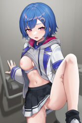 Rule 34 | 1girl, absurdres, aftersex, black skirt, blue hair, blush, bra, bra pull, breasts, breath, censored, clothes lift, clothes pull, cum, cum in pussy, cum overflow, cumdrip, dolphin hair ornament, fang, grey hoodie, highres, hood, hoodie, hoodie lift, indoors, jacket, leg lift, long sleeves, looking at viewer, medium breasts, miniskirt, mosaic censoring, navel, nijisanji, nipples, nishizono chigusa, open mouth, pleated skirt, purple eyes, pussy, pussy juice, school uniform, selene girls school uniform, shiroboshi reru, shirt, short hair, skin fang, skirt, solo, stomach, underwear, virtual youtuber, white jacket
