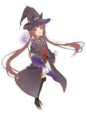 Rule 34 | 1girl, absurdres, animal ears, belt, black footwear, black hat, black robe, boots, brown hair, flat chest, full body, hat, highres, holding, holding wand, horse ears, long hair, long sleeves, looking at viewer, open mouth, pleated skirt, purple eyes, robe, simple background, skirt, smile, solarisyuri!, solo, standing, sweep tosho (umamusume), twintails, umamusume, very long hair, wand, white background, white skirt, witch hat