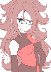 Rule 34 | 1girl, android 21, arm warmers, big hair, black-framed eyewear, blue eyes, breasts, brown hair, curly hair, curvy, dragon ball, dragon ball fighterz, dress, earrings, female focus, glasses, jewelry, large breasts, long hair, multicolored clothes, multicolored dress, tabby chan