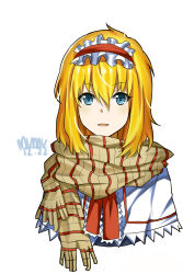 Rule 34 | 1girl, :d, alice margatroid, blonde hair, blue eyes, brown scarf, capelet, cropped torso, hair between eyes, hairband, highres, lolita hairband, looking at viewer, makise minami, neck ribbon, open mouth, red ribbon, ribbon, scarf, short hair, simple background, smile, striped clothes, striped scarf, touhou, white background, white capelet