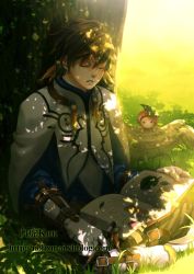 Rule 34 | 10s, 1boy, against tree, book, brown hair, closed eyes, feathers, gloves, grass, leaf, male focus, nollxmai, open book, shade, sleeping, solo, sorey (tales), tales of (series), tales of zestiria, tree, watermark, web address, white gloves