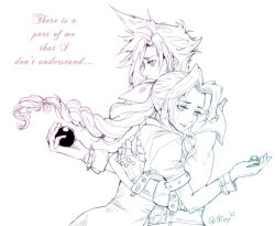 Rule 34 | 1boy, 1girl, aerith gainsborough, arm around back, armor, ball, bangle, bracelet, braid, braided ponytail, cloud strife, cropped jacket, crying, dress, earrings, english text, final fantasy, final fantasy vii, gloves, hair ribbon, herzloserengel, highres, holding, holding ball, hug, jewelry, lineart, long hair, materia, parted bangs, puffy short sleeves, puffy sleeves, ribbon, short hair, short sleeves, shoulder armor, sidelocks, single braid, single earring, spiked hair, tears, toned, toned male, twitter username, upper body, wavy hair, white background