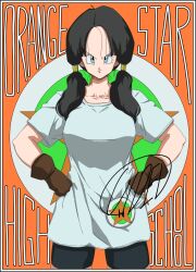 Rule 34 | 1girl, bike shorts, black hair, blue eyes, breasts, closed mouth, code null, collarbone, dragon ball, dragonball z, gloves, highres, long hair, looking at viewer, shirt, smile, solo, twintails, videl, white shirt