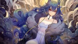 Rule 34 | 1girl, artist name, blue hair, breasts, cloud9, commentary, detached collar, dragon girl, dragon horns, english commentary, hair between eyes, highres, horns, jacket, long hair, looking at viewer, medium breasts, multiple horns, red eyes, solo, teoteku, very long hair, vienna (vtuber), vienna (vtuber) (1st costume), virtual youtuber, watermark