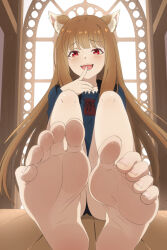 Rule 34 | 1girl, animal ears, brown hair, fang, feet, finger to mouth, foot focus, holo, long hair, open mouth, red eyes, solo, spice and wolf, toes, wolf ears, wolf girl, zorzero