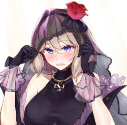 Rule 34 | 1girl, azur lane, bare shoulders, black dress, black gloves, black hairband, blue eyes, blush, bow, breasts, bridal veil, commentary request, cross, dress, flower, frilled dress, frills, gloves, hair between eyes, hair ribbon, hairband, hands up, holding, iron cross, jewelry, light brown hair, looking at viewer, marshall k, medium breasts, necklace, official alternate costume, open mouth, ribbon, rose, short hair, sidelocks, simple background, sleeveless, solo, taut clothes, taut dress, turtleneck, turtleneck dress, upper body, veil, wedding dress, white background, z23 (azur lane), z23 (schwarze hochzeit) (azur lane)