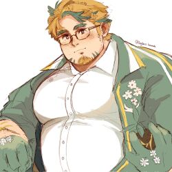 Rule 34 | 1boy, bara, blonde hair, brown eyes, closed mouth, collared shirt, commentary, facial hair, flower, forked eyebrows, glasses, gloves, goatee, green gloves, green hair, hair flower, hair ornament, highres, hippolytus (housamo), jacket, large pectorals, legless lemonade, male focus, multicolored hair, muscular, muscular male, open clothes, open jacket, pectorals, shirt, short hair, sideburns, simple background, solo, thick eyebrows, tokyo houkago summoners, twitter username, two-tone hair, upper body, white background, white shirt
