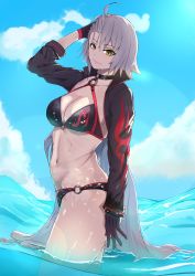 1girl ahoge bikini black_bikini black_choker black_gloves black_jacket blue_sky choker cloud cropped_jacket fate/grand_order fate_(series) fuaru gloves highres jacket jeanne_d&#039;arc_alter_(swimsuit_berserker)_(fate) jeanne_d&#039;arc_(fate) jeanne_d&#039;arc_alter_(fate) jeanne_d&#039;arc_alter_(swimsuit_berserker)_(fate) long_hair navel o-ring o-ring_bikini o-ring_bottom o-ring_top ocean shrug_(clothing) silver_hair sky swimsuit very_long_hair wading waves yellow_eyes