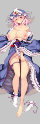 Rule 34 | 1girl, absurdres, bare shoulders, barefoot, blue hat, blue kimono, blush, bottomless, breasts, closed mouth, collarbone, commentary request, dakimakura (medium), feet, frilled kimono, frills, full body, gluteal fold, grey background, hat, highres, huge breasts, japanese clothes, kimono, looking at viewer, medium hair, mob cap, nipples, ouma tokiichi, pink eyes, pink hair, saigyouji yuyuko, sash, simple background, single sock, smile, socks, solo, thigh strap, toes, touhou, triangular headpiece, white socks