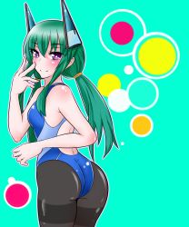 Rule 34 | 1girl, absurdres, ass, bad id, bad pixiv id, borrowed character, competition swimsuit, green hair, highres, kokota, long hair, menou kaname (taishi), one-piece swimsuit, original, pantyhose, pantyhose under swimsuit, purple eyes, robot ears, solo, swimsuit, twintails