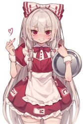 Rule 34 | 1girl, absurdres, adapted costume, angry, apron, dress, fujiwara no mokou, highres, holding, holding tray, looking at viewer, maid, maid apron, middle finger, qiu ju, red dress, red eyes, solo, thighhighs, touhou, tray, white apron, white background, white hair, white thighhighs