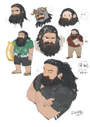 Rule 34 | ..., 2boys, absurdres, beard, belly, blush, chilchuck tims, cropped shoulders, cropped torso, crossed arms, doodle inset, dungeon meshi, dwarf, expressionless, facial hair, fake horns, frown, helmet, highres, holding, holding swim ring, horned helmet, horns, innertube, long beard, male focus, multiple boys, mustache, official alternate costume, scornine, senshi (dungeon meshi), senshi (half-foot) (dungeon meshi), short shorts, shorts, swim ring, thick mustache, translation request, very long beard