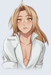 Rule 34 | 1boy, aiphelix, androgynous, blonde hair, blush, collarbone, collared shirt, edward elric, eyeliner, freckles, fullmetal alchemist, highres, long hair, long sleeves, looking at viewer, male focus, pectoral cleavage, pectorals, red eyeliner, shirt, simple background, upper body, white background, white shirt, yellow eyes