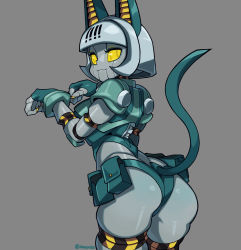 Rule 34 | 1girl, animal ears, ass, cat ears, cat girl, cat tail, colored sclera, come hither, fingerless gloves, from behind, gloves, highres, huge ass, looking at viewer, naughty face, robo-fortune, robot, robot girl, shiny clothes, shiny skin, short hair, silver hair, skullgirls, smile, solo, tail, thick thighs, thighhighs, thighs, waa153, yellow eyes, yellow sclera