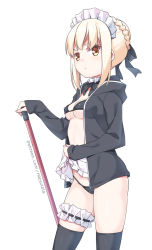 Rule 34 | 1girl, apron, apron lift, artoria pendragon (alter swimsuit rider) (fate), artoria pendragon (alter swimsuit rider) (second ascension) (fate), artoria pendragon (fate), bikini, bikini under clothes, black bikini, black bow, black jacket, black thighhighs, blonde hair, blush, bow, braid, breasts, bridal garter, brown eyes, cameltoe, chinese commentary, closed mouth, clothes lift, commentary request, covered erect nipples, cowboy shot, fate/grand order, fate (series), fingernails, frilled apron, frills, hair bow, hair bun, hand up, hatsunatsu, hood, hood down, hooded jacket, jacket, lifted by self, long sleeves, maid headdress, medium breasts, open clothes, open jacket, ribbon trim, sidelocks, simple background, single hair bun, sleeves past wrists, solo, swimsuit, thighhighs, v-shaped eyebrows, waist apron, watermark, web address, white apron, white background