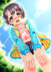 Rule 34 | 1girl, :d, black hair, black shorts, blush, collarbone, commentary request, crop top, day, drawstring, feet out of frame, floral print, from below, grey eyes, hair between eyes, hands on own knees, highres, hood, hood down, hooded jacket, idolmaster, idolmaster cinderella girls, jacket, leaning forward, lens flare, long sleeves, looking at viewer, looking down, midriff, navel, nose blush, open clothes, open jacket, open mouth, otokura yuuki, outdoors, parted bangs, pink shirt, print jacket, regular mow, shirt, short shorts, shorts, smile, solo, standing, sweat, yellow jacket