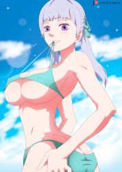 Rule 34 | 1girl, absurdres, ass, bikini, bikini in mouth, biting, biting clothes, black clover, blue bikini, blush, breasts, butt crack, clothes in mouth, covered erect nipples, genjo, hair ribbons, highres, large breasts, long hair, looking at viewer, noelle silva, purple eyes, silver hair, smile, solo, swimsuit, teeth, twintails, underboob, watermark