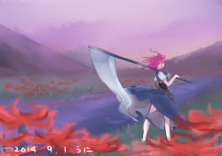 Rule 34 | 1girl, bare legs, barefoot, belt, carrying, dated, dress, flower, from behind, hair bobbles, hair ornament, highres, layered dress, looking at viewer, looking back, mountain, namauni, onozuka komachi, open mouth, outdoors, puffy short sleeves, puffy sleeves, red eyes, red hair, river, scythe, short hair, short sleeves, shoulder carry, sketch, solo, spider lily, standing, touhou, twintails, two side up, water