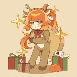 Rule 34 | animal costume, animal ears, antlers, blush, bow, bowtie, brown background, cross-shaped pupils, deer ears, gift, green eyes, high ponytail, highres, holding, holding sack, horns, ishmael (project moon), limbus company, long hair, looking at viewer, open mouth, orange hair, project moon, qiqi (amsvartnir), queequeg (project moon), red bow, red bowtie, reindeer antlers, reindeer costume, sack, simple background, stuffed whale, symbol-shaped pupils, the pallid whale, umbrella octopus, very long hair