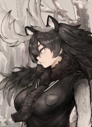 Rule 34 | 1girl, adeshi (adeshi0693119), animal ear fluff, animal ears, antlers, arms at sides, black hair, breast pocket, day, extra ears, floating hair, from side, fur scarf, grey eyes, highres, horns, kemono friends, long hair, long sleeves, moose (kemono friends), moose ears, outdoors, parted lips, pocket, profile, scarf, serious, sidelocks, snow, snowing, solo, sweater, upper body