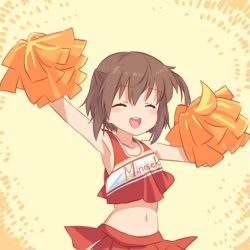 Rule 34 | 1girl, arm up, armpits, arms up, bare arms, blush, brown hair, cheerleader, closed eyes, clothes writing, crop top, etou kanami, hair between eyes, holding, midriff, miniskirt, navel, one side up, open mouth, outstretched arms, pleated skirt, pom pom (cheerleading), short hair, simple background, skirt, sleeveless, smile, solo, standing, stomach, takano natsuki, toji no miko, upper body