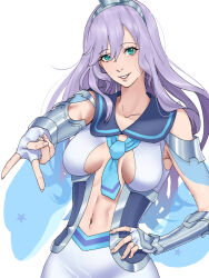 1girl anakasakas aqua_eyes armor armored_gloves between_breasts breasts collarbone delphinus_yukino_(saint_seiya:_rising_cosmo) fingerless_gloves gloves grin highres long_hair medium_breasts metal_hairband navel necktie purple_hair saint_seiya saint_seiya:_rising_cosmo simple_background smile solo teeth upper_body white_background