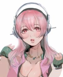 Rule 34 | 1girl, :o, bad id, bad pixiv id, blush, breasts, cleavage, clenched hand, commentary, english commentary, hair between eyes, headphones, highres, jacket, jewelry, kitty keihara, large breasts, letterman jacket, long hair, looking up, necklace, nitroplus, parted lips, pink eyes, pink hair, pink jacket, sketch, sleeves past wrists, solo, super sonico, thick lips, upper body