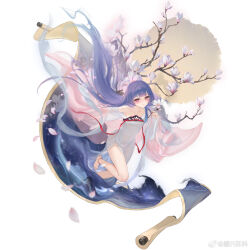 Rule 34 | 1girl, bare shoulders, barefoot, blue hair, blush, branch, cherry blossoms, chinese clothes, collarbone, dress, flower, full body, hanfu, highres, holding, jianr baike, long hair, looking at viewer, magnolia, petals, purple hair, qixiong ruqun, red eyes, ruqun, scroll, see-through, solo, very long hair, warship girls r, white background, wide sleeves, yingtan (warship girls r)