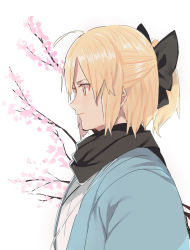 Rule 34 | 1girl, ahoge, black bow, black scarf, bow, cherry blossoms, closed mouth, fate (series), from side, half updo, haori, japanese clothes, kimono, koha-ace, nesume, okita souji (fate), okita souji (koha-ace), ponytail, profile, scarf, shinsengumi, short hair, sidelocks, simple background, sketch, solo, white background, white kimono, yellow eyes