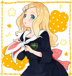 Rule 34 | 1girl, :o, adjusting neckwear, back bow, black dress, blonde hair, blue eyes, blush, bow, collarbone, commentary request, dress, eighth note, fingernails, flower, forehead, hair flower, hair ornament, hairclip, harohapi! shinonome megu-chan no oheya, highres, long hair, looking at viewer, musical note, neckerchief, parted bangs, parted lips, pink bow, pink flower, polka dot, sailor collar, sailor dress, shinonome megu, solo, thick eyebrows, virtual youtuber, white sailor collar, yuu (higashi no penguin)