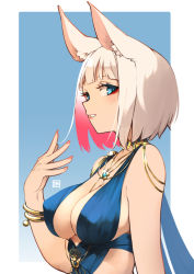 Rule 34 | 1girl, a:n (angrynum), animal ear fluff, animal ears, arm at side, azur lane, bare shoulders, between breasts, blue background, blue dress, blue eyes, blunt bangs, bob cut, bracelet, breasts, colored inner hair, covered erect nipples, dress, eyelashes, eyeliner, fingernails, fox ears, gem, hand up, jewelry, kaga (azur lane), kaga (exalted white wings) (azur lane), large breasts, lipstick, looking at viewer, makeup, multicolored hair, nail polish, necklace, outside border, parted lips, red hair, red nails, short hair, sideways glance, sleeveless, sleeveless dress, smile, solo, upper body, white hair