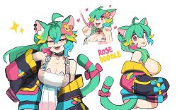Rule 34 | 1girl, absurdres, ahoge, animal ears, basil (basillief), blonde hair, breasts, cat ears, cat girl, cat tail, character name, choker, cleavage, collar, commentary, english commentary, green hair, heart, heart-shaped pupils, highres, jacket, large breasts, leash, looking at viewer, multiple views, open mouth, pink hair, rosedoodle (vtuber), side ponytail, simple background, symbol-shaped pupils, tail, teeth, tongue, tongue out, vchiban, virtual youtuber, white background