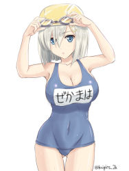 Rule 34 | 10s, 1girl, alternate costume, blue eyes, breasts, cleavage, covered navel, goggles, hair ornament, hairclip, hamakaze (kancolle), kantai collection, kishi nisen, large breasts, one-piece swimsuit, school swimsuit, short hair, silver hair, simple background, solo, swim cap, swimsuit, translated, white background